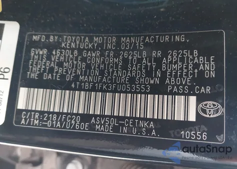 2015 Toyota Camry Le из США, поврежденный, VIN 4T1BF1FK3FU053553